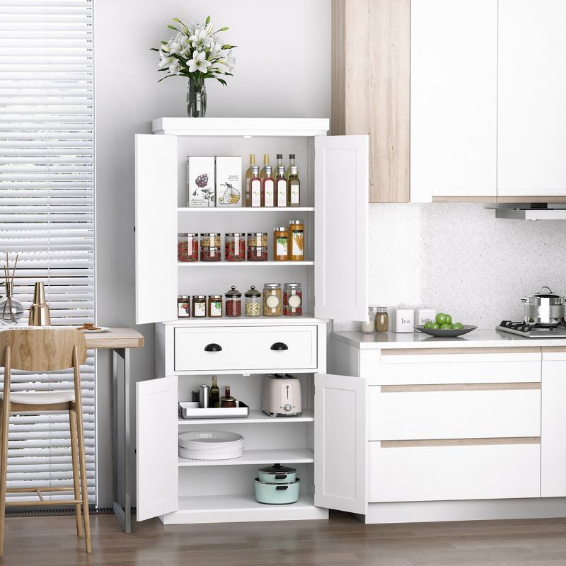 HOMCOM 72" Traditional Freestanding Kitchen Pantry Cupboard with 2 Cabinet, Drawer and Adjustable Shelves, White, 5 of 7
