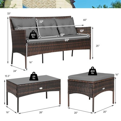 Gray 3-Piece Wicker Patio Conversation Set with Cushions and Table