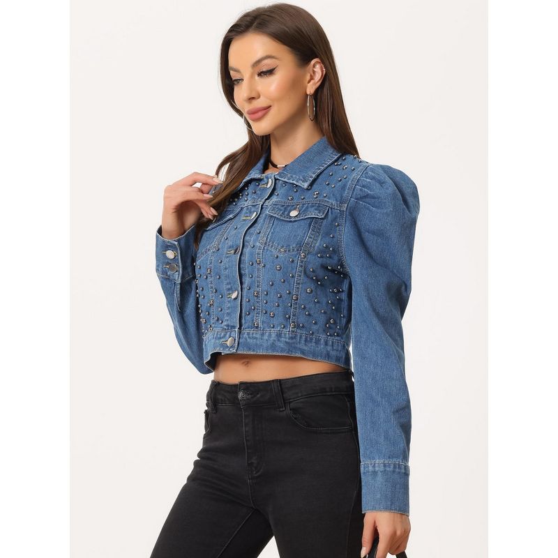 Allegra K Women's Beaded Button Front Cropped Puff Sleeve Jean Jacket, 2 of 6