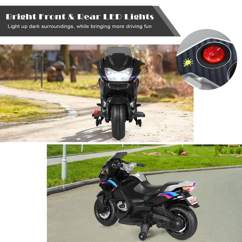 Costway 12V Kids Ride On Motorcycle Electric Motor Bike w/ Training Wheels & Light Black, 5 of 11