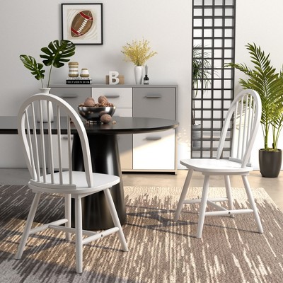 Set of 2 White Wooden Windsor Side Chairs with Slat Back