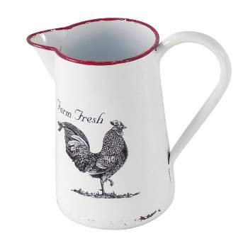 Red Rim White Enamel With Screen Printed Rooster Decorative Pitcher - Foreside Home & Garden