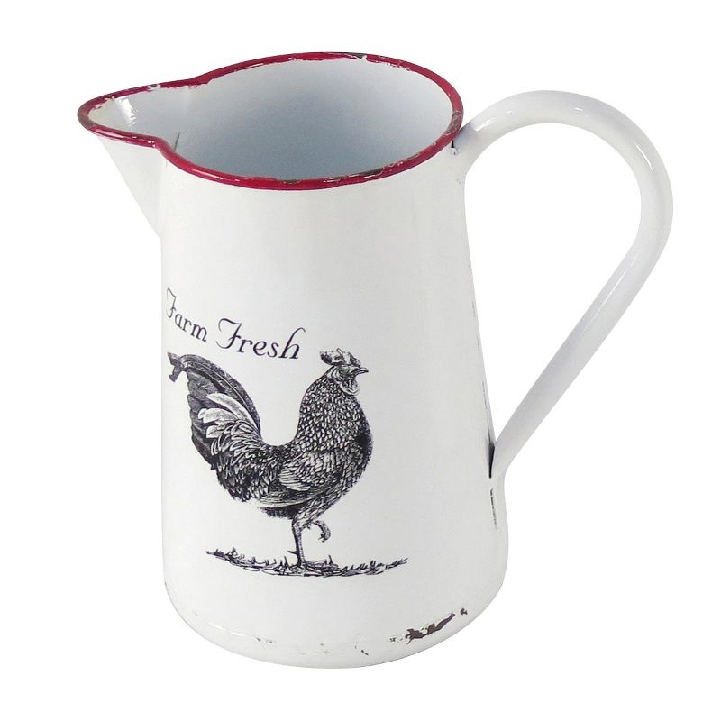 Red Rim White Enamel With Screen Printed Rooster Decorative Pitcher - Foreside Home & Garden, 1 of 10