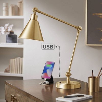 Adjustable Antique Gold Metal Desk Lamps with USB Ports, Set of 2