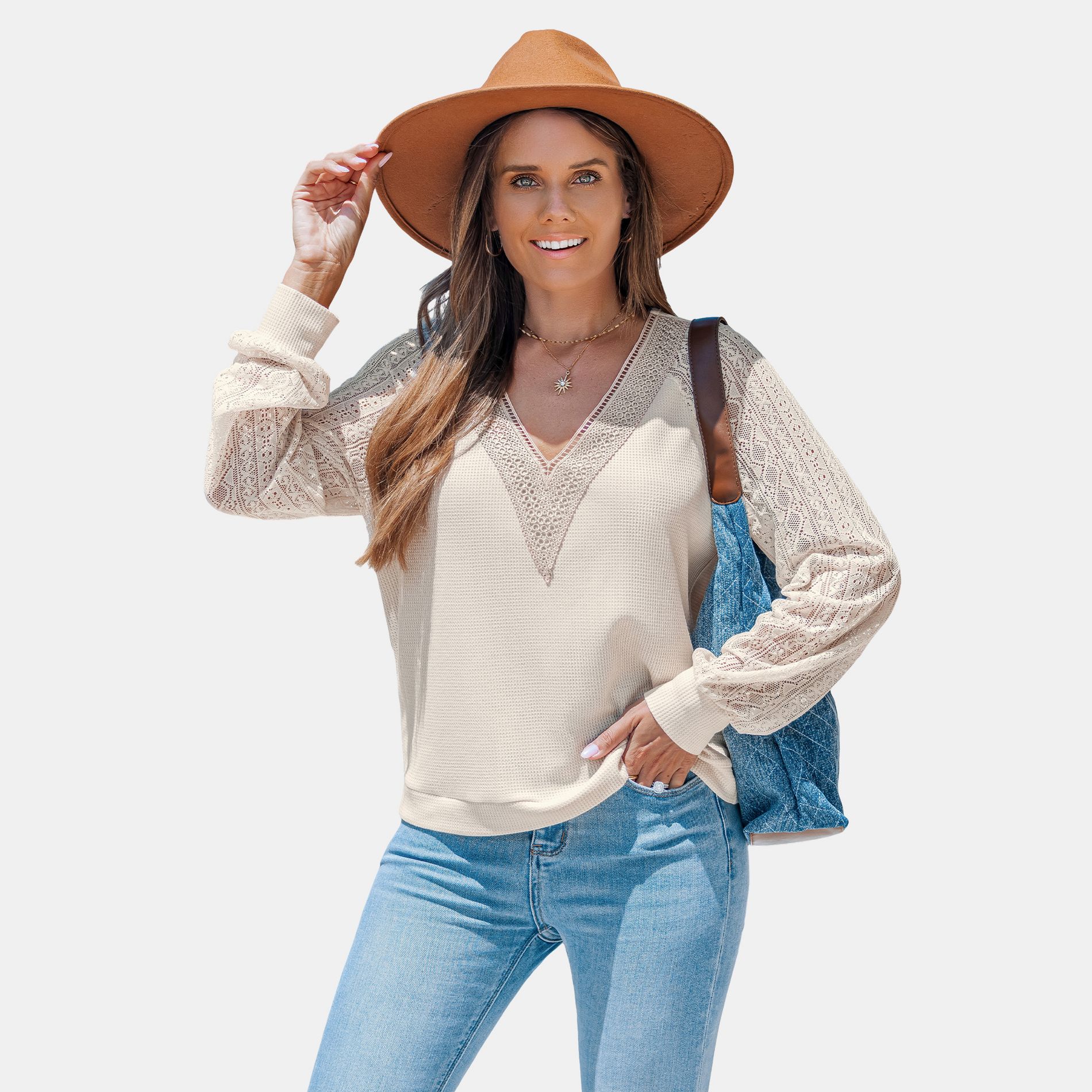 Women's Chic Lace Sleeve V-Neck Beige Top - Cupshe-L-Beige