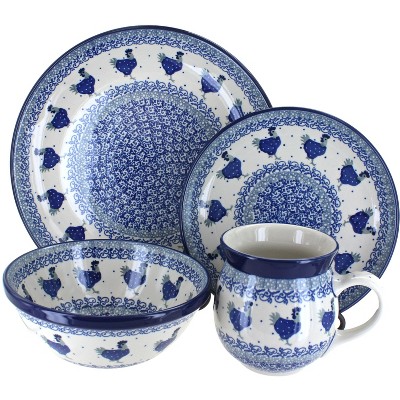 Blue Rose Polish Pottery Barnyard Rooster 16 Piece Dinnerware Set