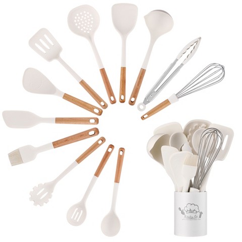 SUGIFT 13-Piece Silicone Kitchen Utensils Set, Wooden Handle Heat-Resistant Cooking Spatulas, Storage Holder for Nonstick Cookware