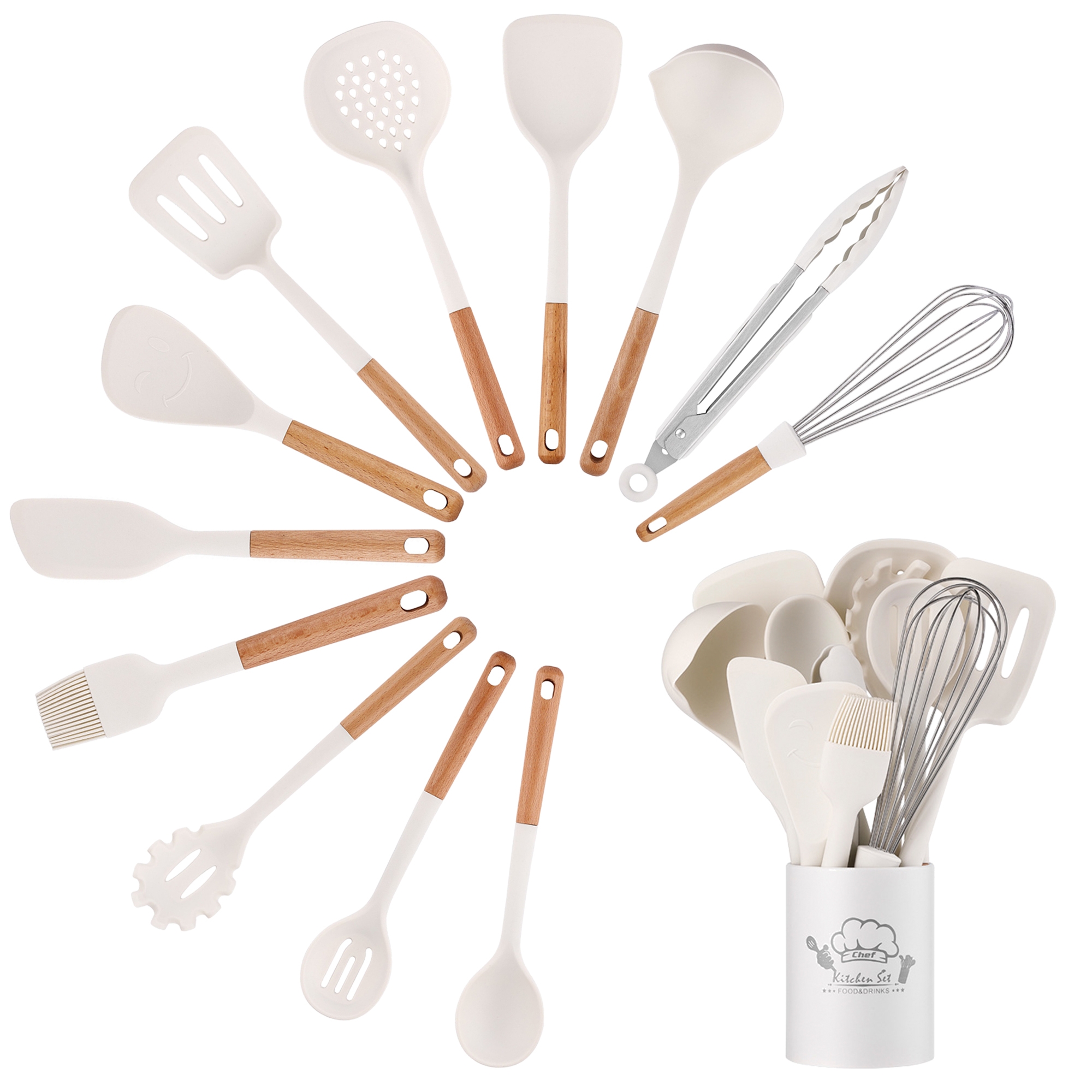 13-Piece Kitchen Utensils Set Heat-Resistant Silicone Cooking Tools with Wooden Handles and Storage Holder for Nonstick Cookware