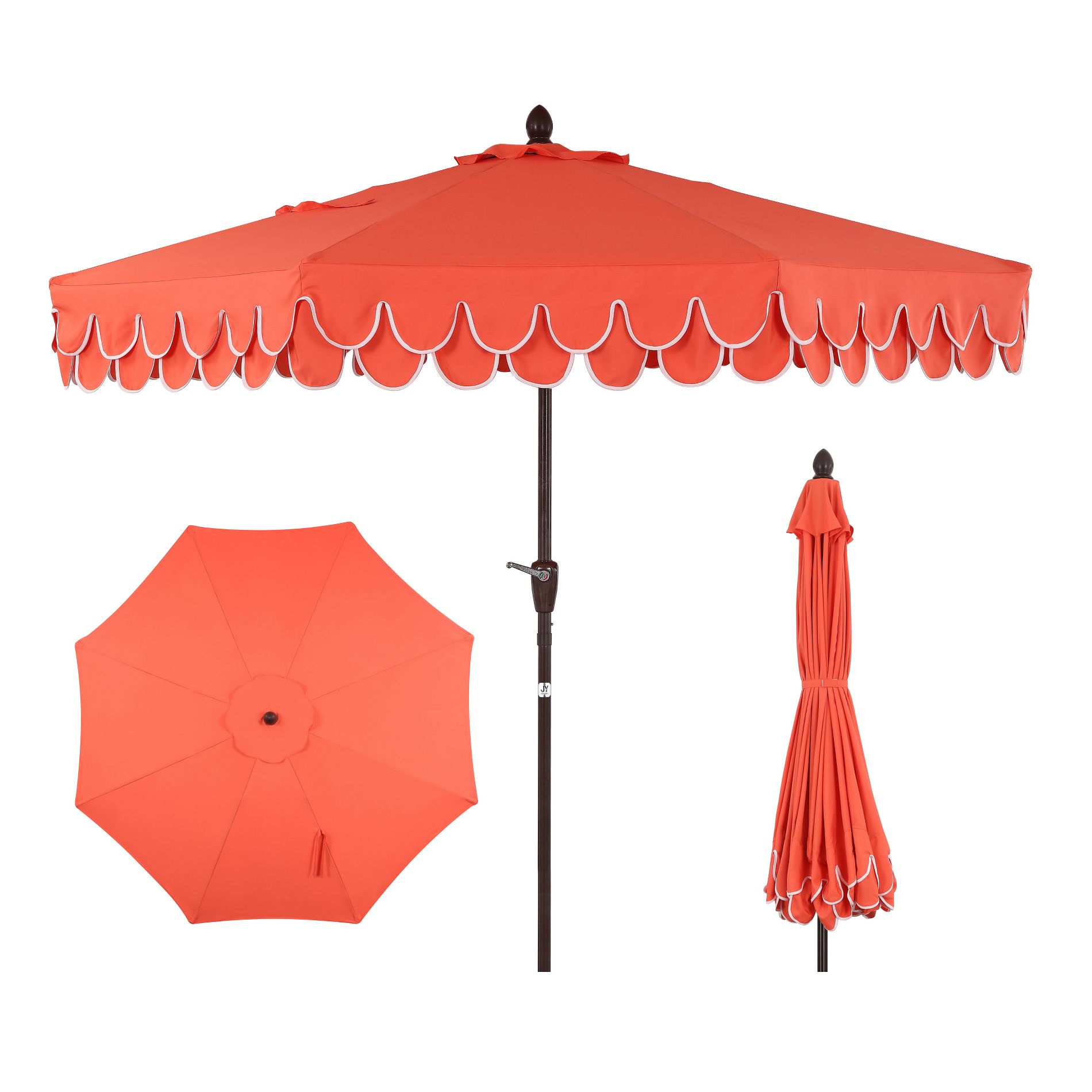 JONATHAN Y Tracy 9 ft. Coastal Octagon Outdoor Market Patio Umbrella with Scalloped Fringe, Crank Lift & Tilt, Coral Red Canopy, Dark Brown Pole