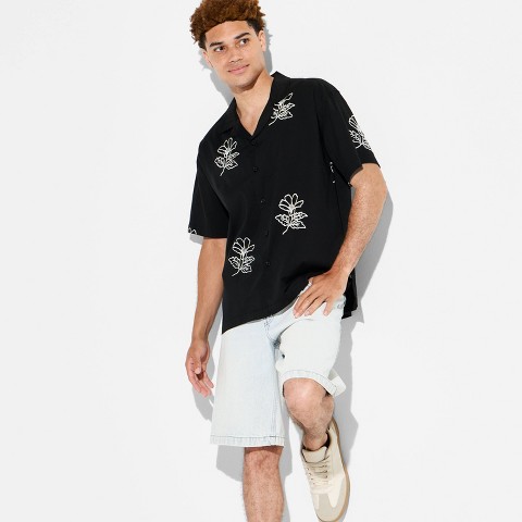 Мужские рубашки Original Use Men's Short Sleeve Embroidered Floral Button-Down Shirt - Original Use™ Black S