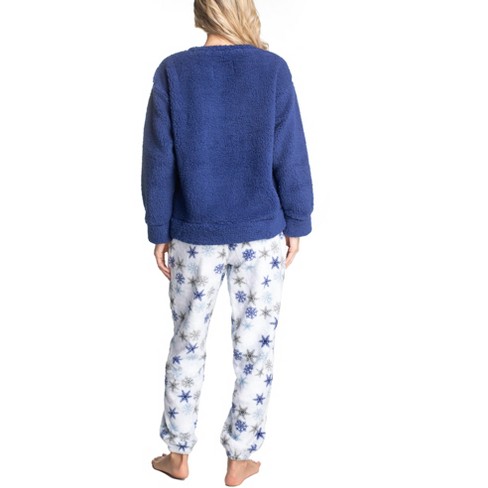 MUK LUKS Womens Shearling Pajama Set, Navy/Snowflake, M