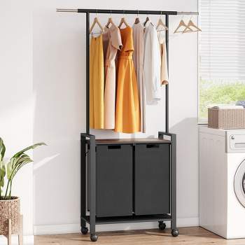 Whizmax Laundry Sorter 2/3 Section Laundry Hamper Sorter with Clothes Hanging Rod and Wooden Storage Shelf for Laundry Room, Black