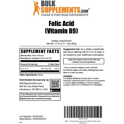 BulkSupplements Folic Acid (Vitamin B9) Powder