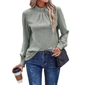 Women's Frill Mock Neck Flounce Long Sleeve Blouse Crew Neck Shirt Top - 1 of 3