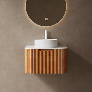 FAMYYT 24 in. Single Sink Floating Curved Edge Natural Bath Vanity with White Marble Top (Assembled), Round Sink - 1 of 4