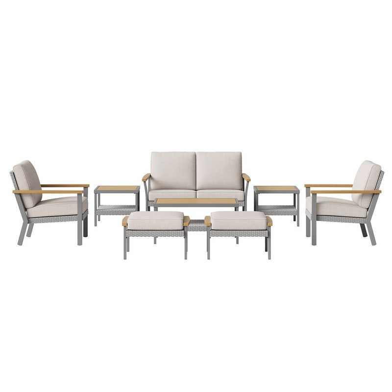 SONGMICS HOME Sencillo Collection -8 Piece Patio Furniture Set 1 Coffee Table 2 Small Coffee Tables 1 Loveseat 2 Lounge Chairs and 2 Ottomans Beige, 1 of 8
