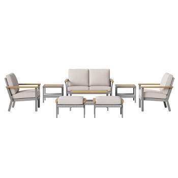 SONGMICS HOME Sencillo Collection -8 Piece Patio Furniture Set 1 Coffee Table 2 Small Coffee Tables 1 Loveseat 2 Lounge Chairs and 2 Ottomans Beige