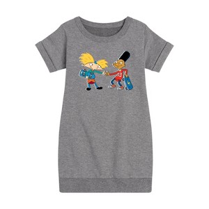 - Hey Arnold! - Arnold and Gerald Skateboard Graphic Short Sleeve Fleece Dress - 1 of 4