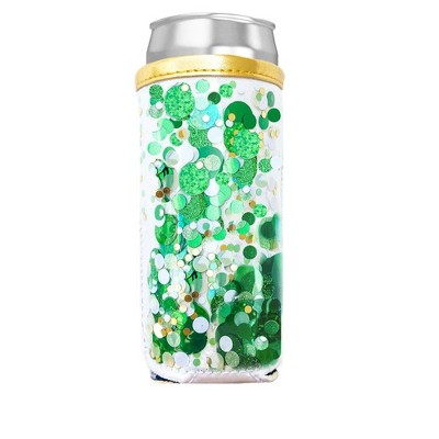 Packed Party Spirit Squad Confetti Filled Skinny Can Cooler, Insulated Metal Can Drink Holder for Tailgate, Pool or Beach (Green Confetti)