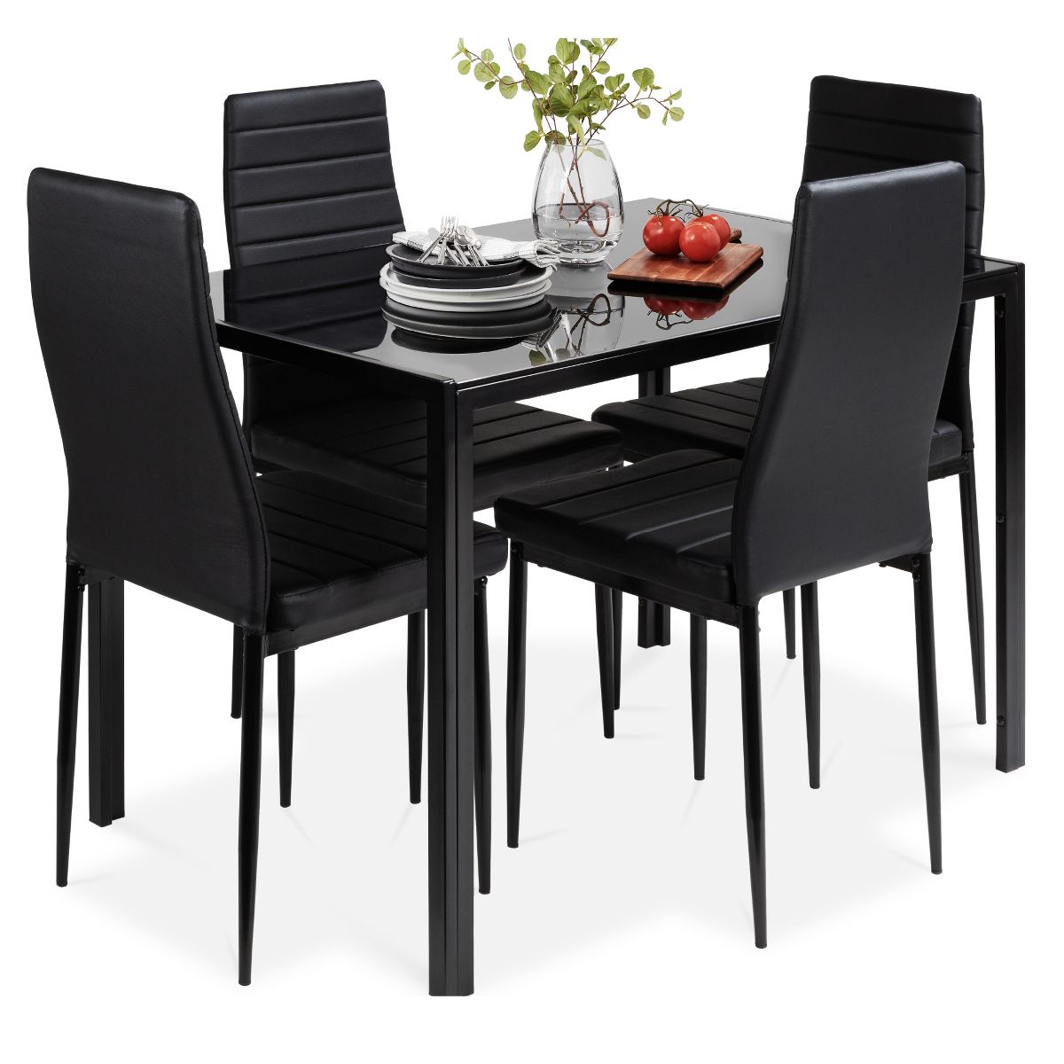 Best Choice Products Kitchen Dining Table Set – 3-Piece, 5-Piece, or 7-Piece w/ Glass Tabletop & Faux/PU Leather Chairs