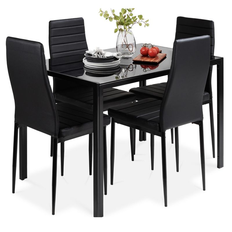 Best Choice Products 5-Piece Kitchen Dining Table Set w/ Glass Tabletop, 4 Faux Leather Chairs, 1 of 8