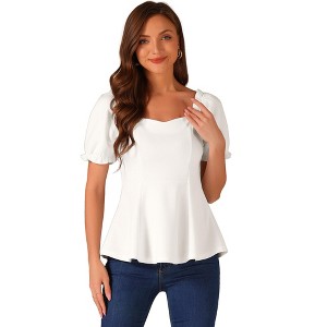 Allegra K Women's Sweetheart Neck Puff Ruffle Sleeve Elegant Peplum Top - 1 of 4