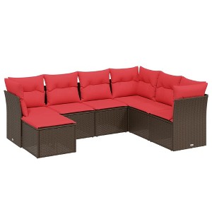 vidaXL 7 Piece Patio Sofa Set with Cushions Brown Poly Rattan - 1 of 4