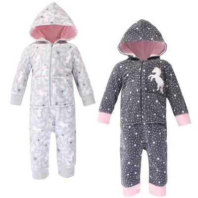 Hudson Baby Infant Girl Fleece Jumpsuits, Coveralls, and Playsuits 2pk, Whimsical Unicorn