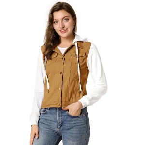 INSPIRE CHIC Women's Regular Fit Layered Drawstring Hood Denim Jacket with Pockets - 1 of 4