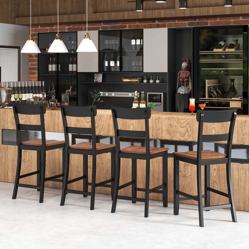 Costway Wooden Bar Stool Set of 4 Bar Chairs with LVL Rubber Wood Frame, Backrest, Footrest Black/White, 2 of 11