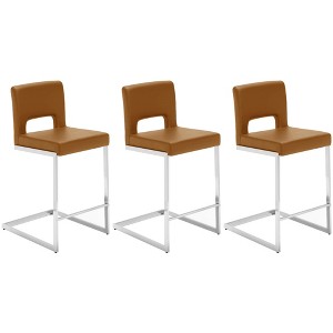 26" H Bar Stools Set of 3 - Modern PU Leather Barstools with Hollow Back, Upholstered Armless Kitchen Island Stools, Brown with Chrome Metal Frame - 1 of 4