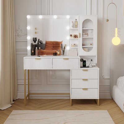 Modern Vanity Makeup Desk with Vanity Mirror, Built-in Lights, 5 Drawers, Power Outlet