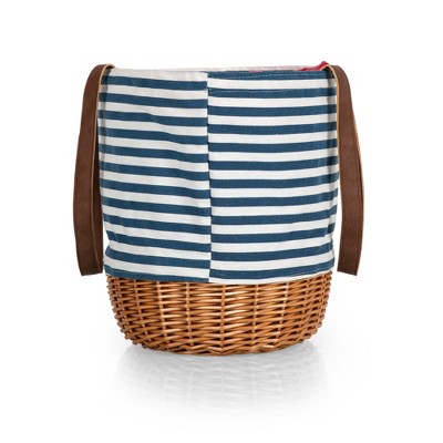 Navy Blue and White Canvas and Willow Picnic Basket Tote