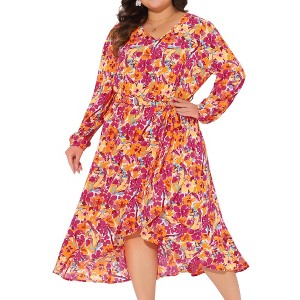Agnes Orinda Women's Plus Size Floral Printed V Neck Long Sleeve Tiered Ruffle Hem Midi Flowy A-Line Dresses - 1 of 4