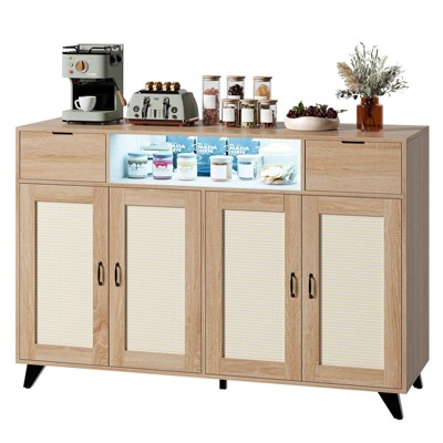 Homhougo Sideboard Buffet Cabinet, 4 Rattan Doors 2 Drawers Accent Storage Cabinet Ivory