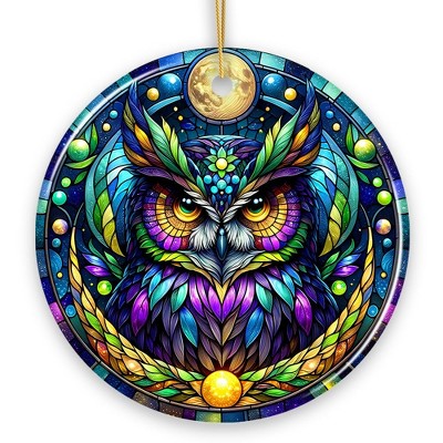 Nocturnal Enchanter Mysterious Owl Stained Glass Style Ceramic Ornament, Halloween Themed Christmas Gift and Decor| OrnamentallyYou