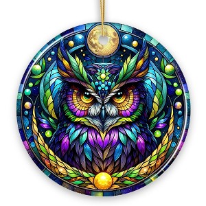 Nocturnal Enchanter Mysterious Owl Stained Glass Style Ceramic Ornament, Halloween Themed Christmas Gift and Decor| OrnamentallyYou - 1 of 4