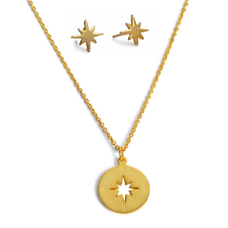 14K Gold Plated Compass and Star Stud Earrings and Necklace Set 2pc | ETHICGOODS, 1 of 6