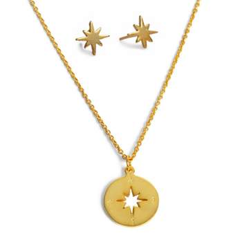 14K Gold Plated Compass and Star Stud Earrings and Necklace Set 2pc | ETHICGOODS