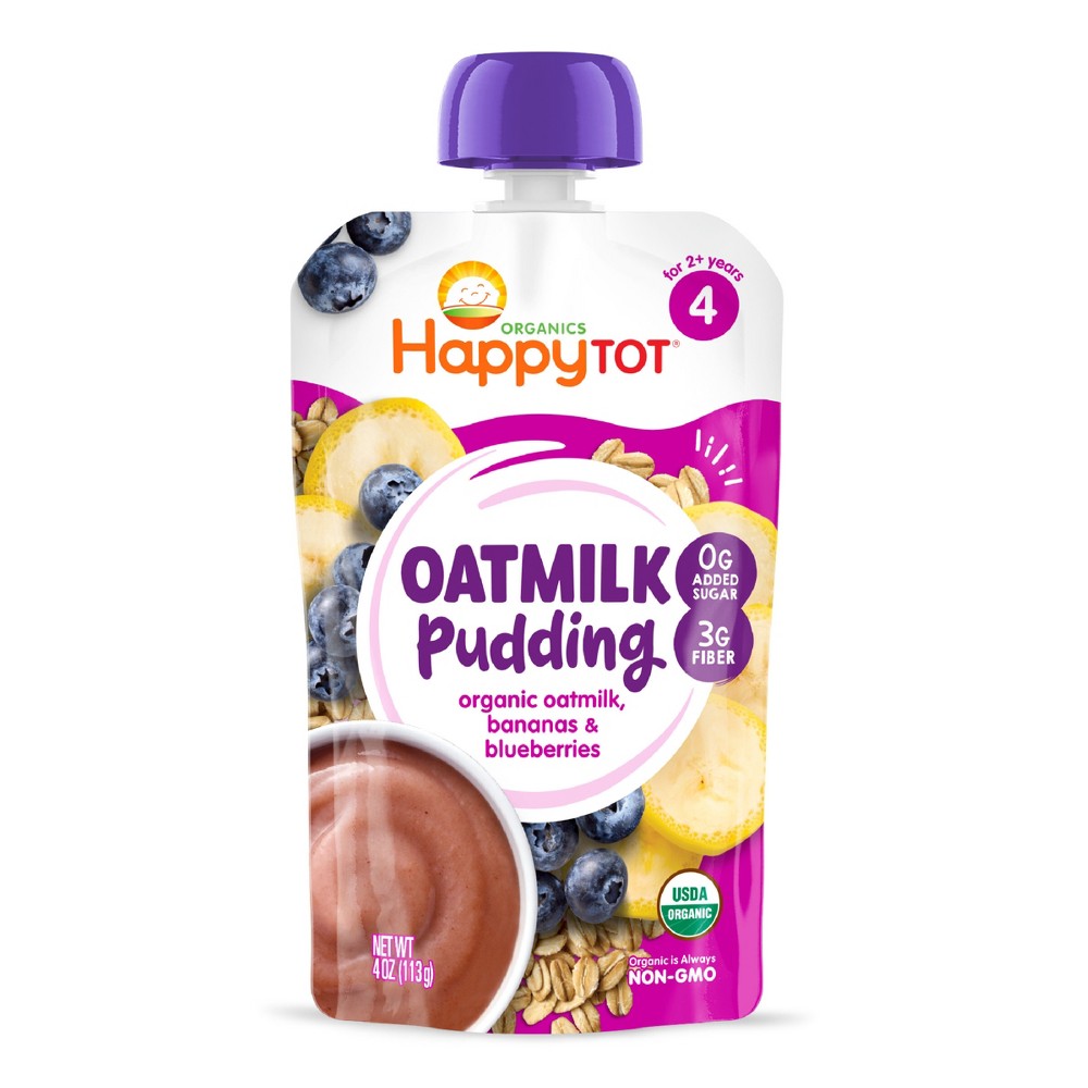 Happy Tot Organics Oatmilk Pudding, Dairy-Free, Stage 4 Toddler Snack, Oatmilk, Bananas & Blueberries, 4oz
