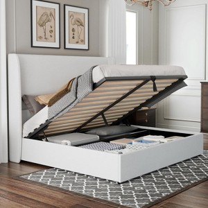 King Bed Frame with Lift Up Storage,Linen Upholstered Platform Bed,Wingback Headboard,White - 1 of 4