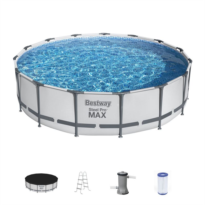 Bestway Steel Pro MAX 15'x42" Round Metal Frame Above Ground Outdoor Swimming Pool with 1,000 Filter Pump, Ladder, and Cover, 1 of 8