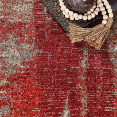 Modern Abstract Red and Beige Synthetic Non-Slip Area Rug, 2'x3'