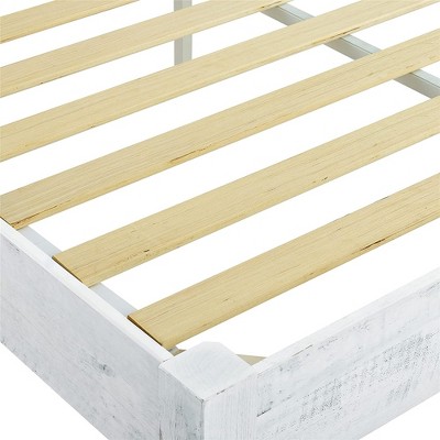 Full Size Whitewashed Pine Wood Rustic Platform Bed Frame with Slats