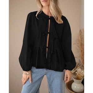 Women's Spring Fall Babydoll Peplum Blouse Shirt Puff Long Sleeve Bow Tie Front Trendy Cute Going Out Tops - 1 of 4