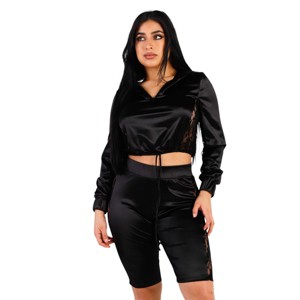 Slickblue Lace Detail Satin Hooded Crop Top with Biker Shorts Set, Streetwear Style, Black or Champagne, Size S-L - 1 of 4
