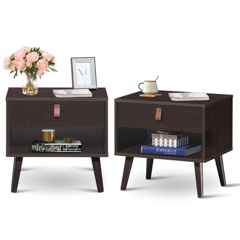 Tangkula Set of 2 Retro Wood Nightstand with Storage Drawer End Table  Bedside Table