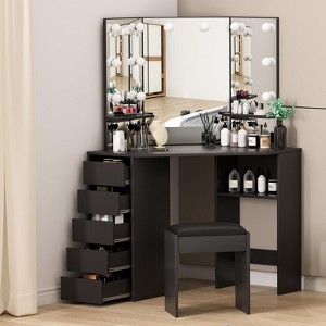 Corner Makeup Vanity Desk with Mirror & LED Lights | Black Table with Power Outlet, 5 Drawers, 3 Shelves, 3-Color Lighting for Bedroom - 1 of 4