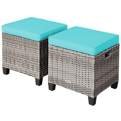 Tangkula Set of 2 Outdoor Rattan Cushioned Ottoman Seat All Weather Patio Footrest Red/Turquoise