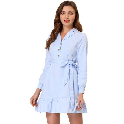 Allegra K Women's Notched Lapel V Neck Tie Waist Solid Ruffle Hem Mini Dress